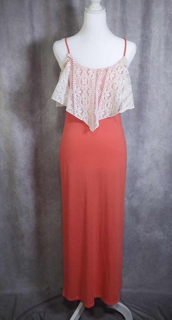 rue21 Coral Maxi Dress White Crochet Lace Flounce Top - Size Small